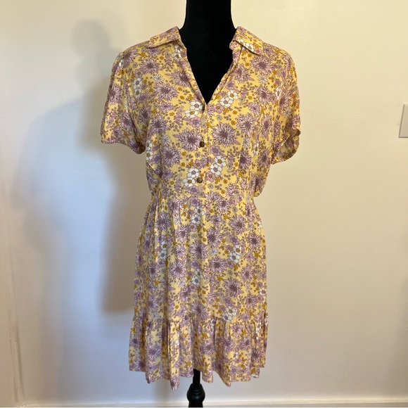Bebop Yellow Floral Summer Babydoll Dress Preppy Tiered Collared Women’s Size L - Picture 1 of 9